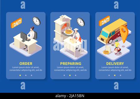 Pizza production pizzeria isometric banners set with images of order cooking and delivery services with text vector illustration Stock Vector