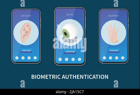 Biometric authentication isometric set of three vertical banners in smartphone frames with personal identification methods images vector illustration Stock Vector