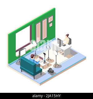 Vlogger streaming video in studio with professional equipment isometric composition on white background 3d vector illustration Stock Vector
