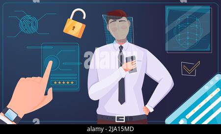 Biometric face and finger print identification to access personal information flat composition vector illustration Stock Vector