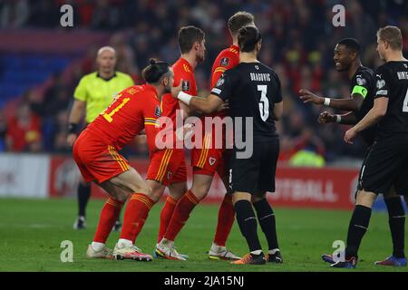 Wales' Gareth Bale and Joe Rodon celebrate after the FIFA World Cup  Qualifying match at the Cardiff City Stadium, Cardiff. Picture date:  Tuesday November 16, 2021 Stock Photo - Alamy