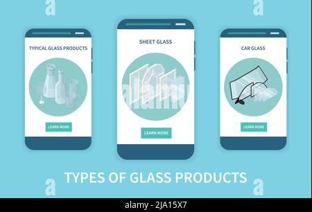 Set of three vertical glass production banners with isometric icons of glass products and clickable buttons vector illustration Stock Vector