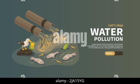 Water pollution from industry horizontal banner with industrial pipes polluting ocean with waste products isometric vector illustration Stock Vector