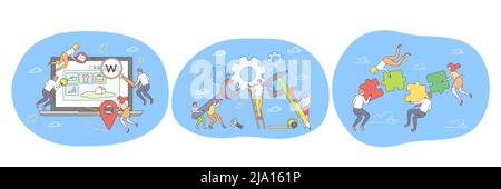 Teamwork, collaboration, cooperation, successful project realization concept. Business people with gears and puzzle pieces working on projects and achieving common business goals together  Stock Vector
