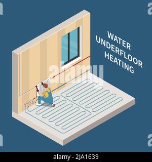Worker installing water underfloor heating system in house 3d isometric vector illustration Stock Vector