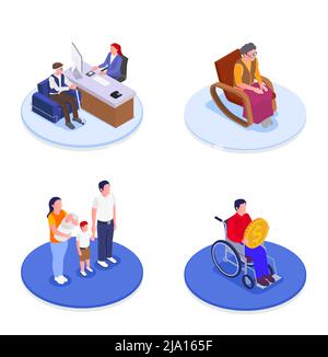 Social security 2x2 design concept set of family benefits help to elderly unemployed and disabled people isometric vector illustration Stock Vector