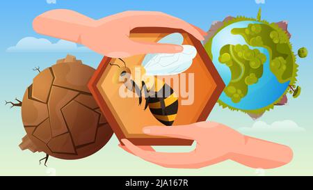 Bee protection flat poster with human hands holding honeycomb at blooming and dead planet background vector illustration Stock Vector