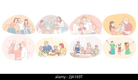 Happy family, parenthood, enjoying time with children concept. Young happy families with kids playing, walking, eating, cooking, watching movies and having fun together at home and outdoors  Stock Vector