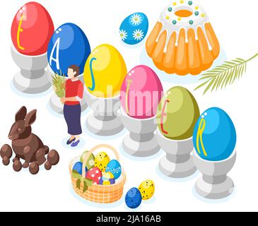 Easter isometric background with images of painted eggs on stands with cakes sweets and chocolate bunny vector illustration Stock Vector