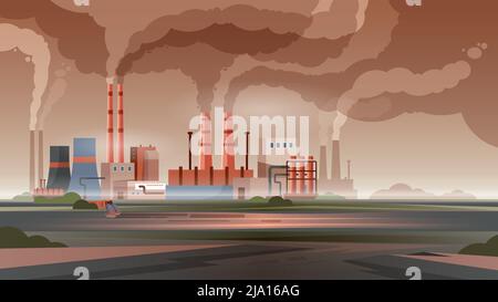 Factory pollution city air and water with smoke and toxic waste flat vector illustration Stock Vector