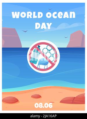 World ocean day card with clean water and beach date and no pollution warning sign flat vector illustration Stock Vector