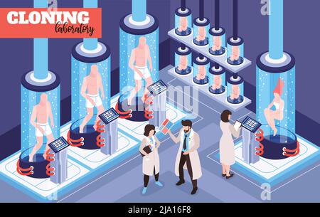 Human cloning laboratory futuristic background with men women and baby beings growing in glass capsules with fluid isometric vector illustration Stock Vector