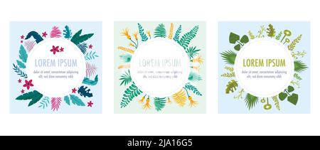 Frame plants flat composition with circle places for editable text surrounded by leaves and flowers icons vector illustration Stock Vector