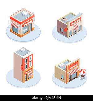 Franchise isometric concept icons set with building and brand symbols vector illustration Stock Vector
