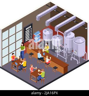 Brewery beer production isometric composition with brew pub scenery with visitor characters bar counter and jars vector illustration Stock Vector