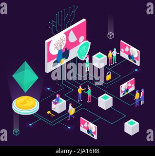 Cryptographic art crypto art nft isometric composition with human characters and holographic objects connected with lines vector illustration Stock Vector