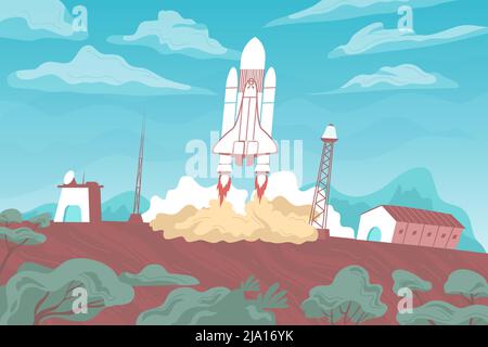 Rocket launch flat composition with outdoor view of rocket starting up from launch pad with trails vector illustration Stock Vector