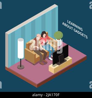 Elderly people professional social help service isometric composition with view of living room with human characters vector illustration Stock Vector