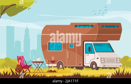 Camper with barbecue folding table deckchair guitar in city suburb trailer caravan park cartoon composition vector illustration Stock Vector