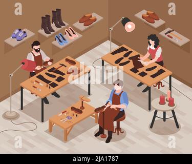 Shoemaker shop interior isometric composition with craftsmen repairing and making customer shoes footwear by hand vector illustration Stock Vector