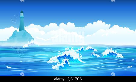 Flat background with blue sea waves lighthouse sky clouds vector illustration Stock Vector