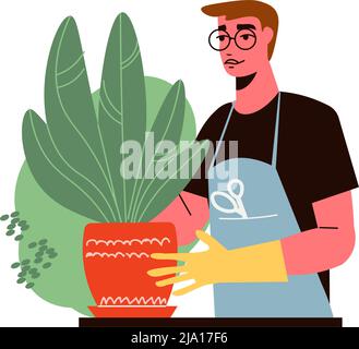 Gardening composition with character of male gardener holding flower in pot vector illustration Stock Vector