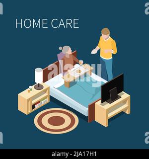 Elderly people professional social help service isometric composition with bedroom furniture tv set and human characters vector illustration Stock Vector