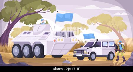 Peacekeepers transport flat and colored composition two military vehicles with blue flags vector illustration Stock Vector