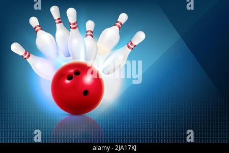 Bowling realistic composition with abstract background and images of red ball strike with bunch of pins vector illustration Stock Vector