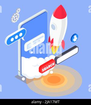 Isometric app store optimization concept with smartphone rocket search bar on blue background 3d vector illustration Stock Vector