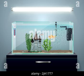Room interior composition with realistic aquarium on chest of drawers and wall lamp vector illustration Stock Vector