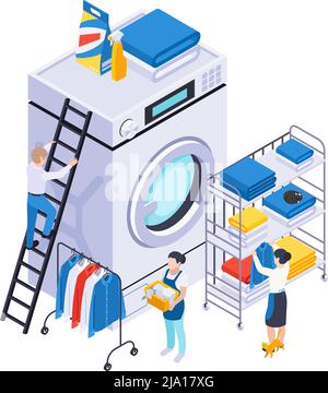 Laundry washing isometric composition with small human characters icons of clothes on shelves with washing machine vector illustration Stock Vector