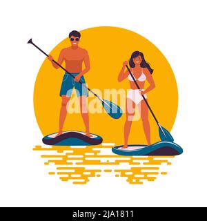 Man and woman standing on paddle board Stock Vector