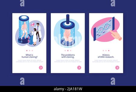 Human cloning vertical banners as web advertising of science articles about genetic engineering isometric vector illustration Stock Vector