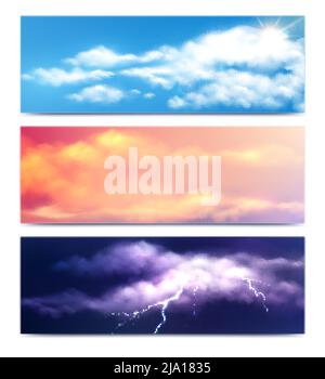Set of three horizontal clouds banners with realistic nature views of clear dusty and stormy sky vector illustration Stock Vector