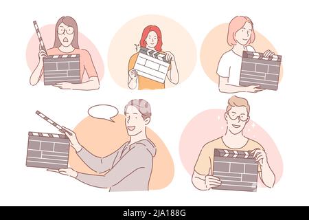 Filmmaking workers with clapperboard concept. Young positive men and women working in cinema production with movie clapperboard and clapping for another take during filmmaking vector illustration  Stock Vector