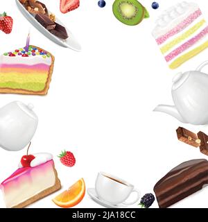 Realistic white background with cake pieces fresh berries fruit slices chocolate cup teapot and sugar bowl vector illustration Stock Vector