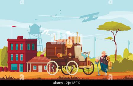 Car in steampunk style and old man with robotic arm holding wrench outdoors cartoon vector illustration Stock Vector