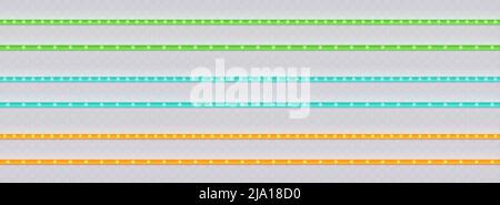 Lightbox stripes with light bulbs, vintage marquee seamless borders set. Bright luminous retro ribbons. Stock Vector