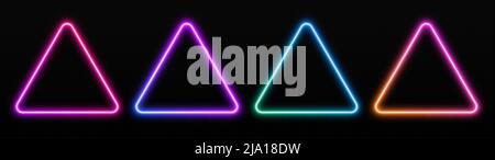 Gradient neon triangle frames set. Glowing borders isolated on a dark background. Stock Vector