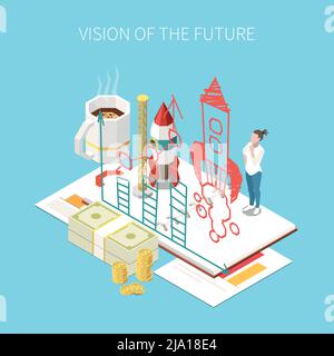 Entrepreneur and business isometric concept with future vision symbols vector illustration Stock Vector