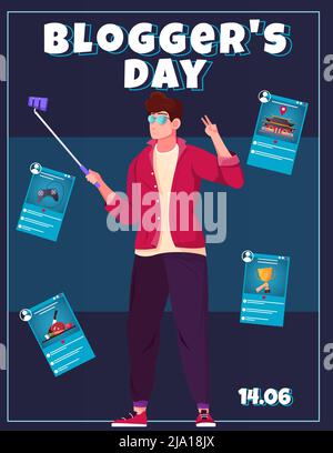 Bloggers day flat card with young guy leading online report using smartphone and selfie stick vector illustration Stock Vector