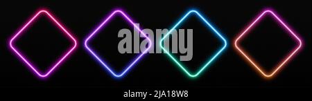Gradient neon rhombus frames set. Glowing borders isolated on a dark background. Stock Vector