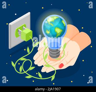 Isometric earth hour composition with human hands holding globe in light bulb on dark background with stars vector illustration Stock Vector