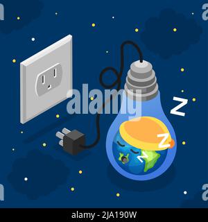 Earth hour concept with earth sleeping in light bulb plugged out of socket on background with night sky isometric vector illustration Stock Vector