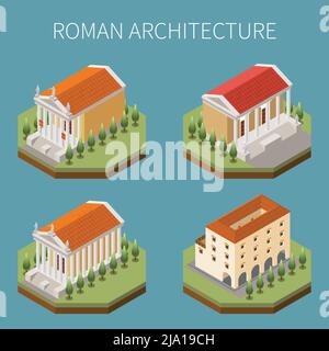 Roman empire set with architecture symbols isometric isolated vector illustration Stock Vector