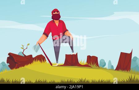 Bearded lumberjack with axe posing with one foot on tree stump cartoon forest edge background vector illustration Stock Vector