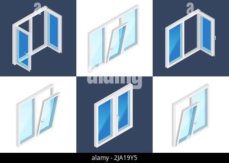 Window installation isometric design concept set of six square icons with opened and closed plastic windows on white and dark background vector illust Stock Vector