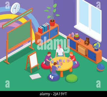 Elementary education background with woman and three children studying english letters with blocks in classroom isometric vector illustration Stock Vector