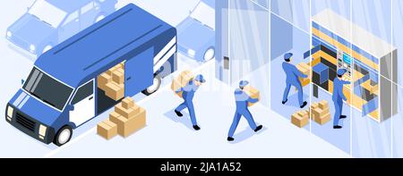 Post terminal horizontal illustration with postal workers loading parcels from delivery truck to automated lockers isometric vector illustration Stock Vector